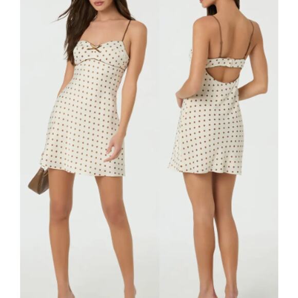 ASTR the Label Dresses & Skirts - NWT ASTR the Label Satin Bow Trim Polka Dot Mini Dress White/Brown Womens Size L